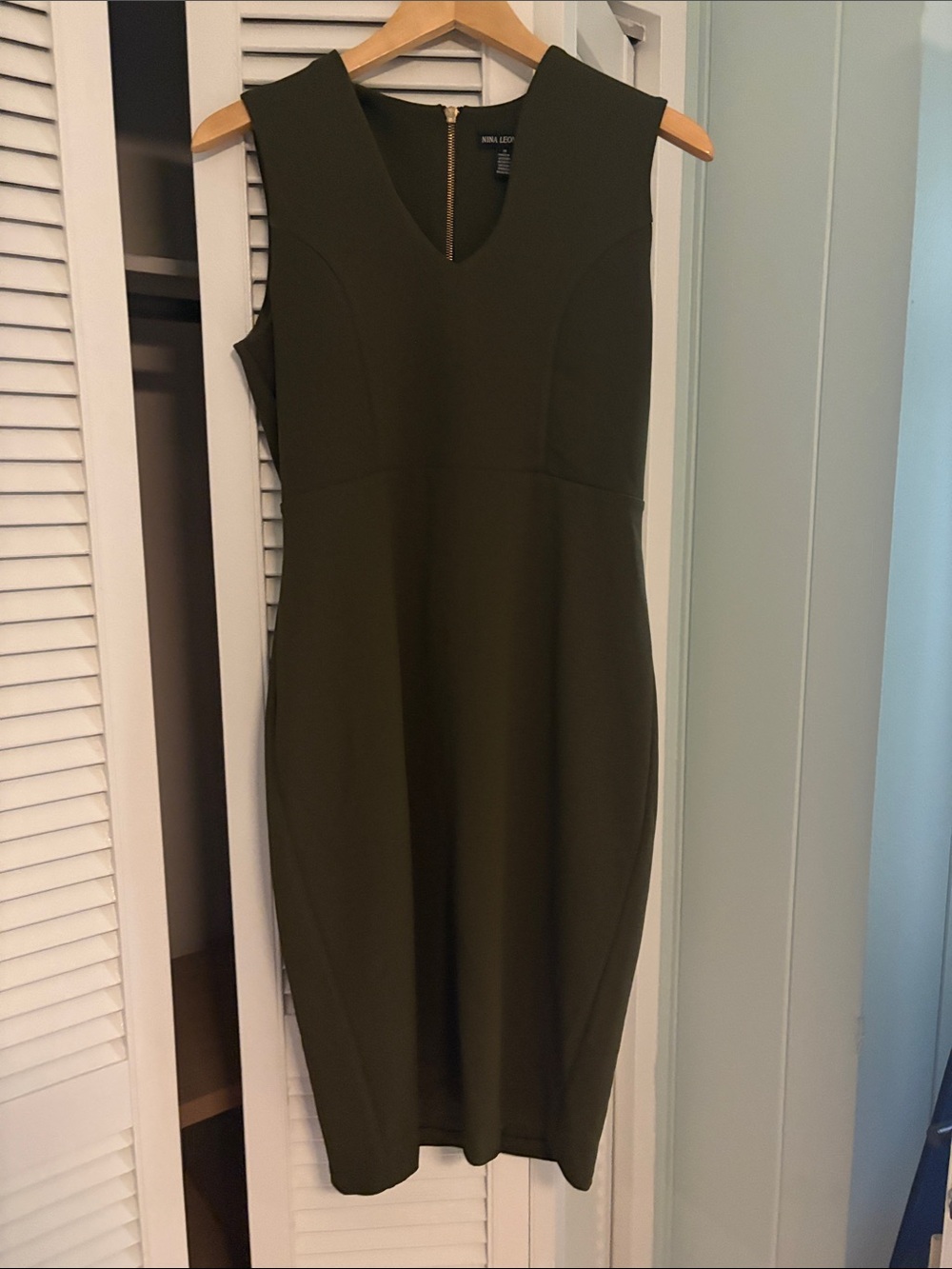 Nina Leonard Olive Green Sleeveless V-Neck Midi Dress
